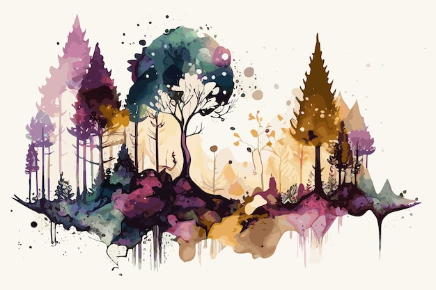 A colorful painting of a forest with a tree silhouette.