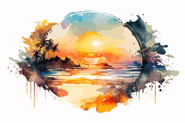 A colorful painting of a tropical beach with a tropical island in the background.
