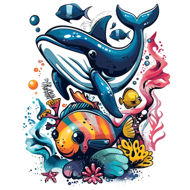 파란색 배경 을 가진 바다 에 있는 고래 와 물고기 의 다채로운 그림