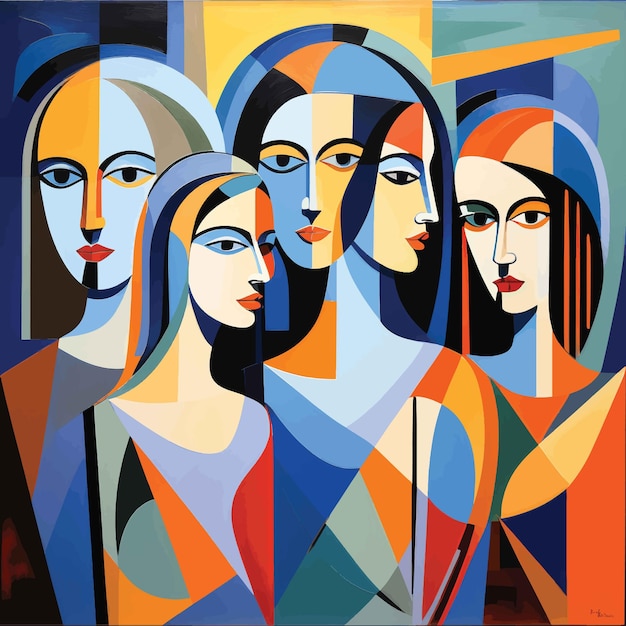 다양한 색의 얼굴을 가진 여성들의 다채로운 그림