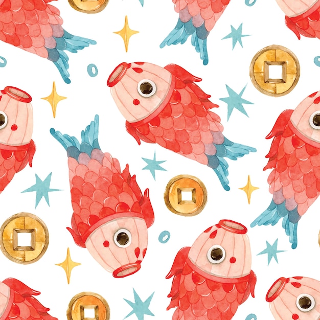 Colorful paper fish and golden Chinese coins watercolor seamless pattern