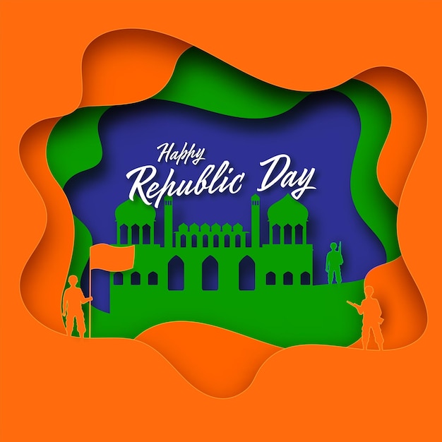 Vector colorful paper layer cut background with red fort monument, silhouette soldiers on the occasion of 26th january, happy republic day concept.