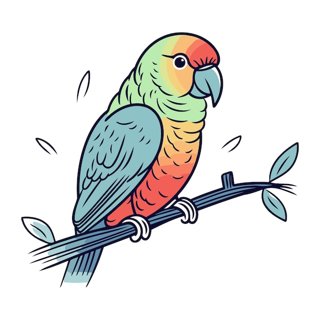 Vettore pappagallo colorato seduto su un ramo illustrazione vettoriale disegnata a mano
