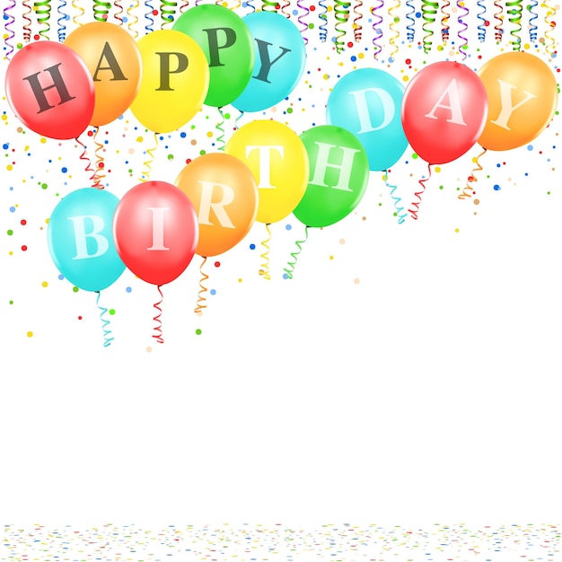 Vettore palloncini colorati per feste con scritta happy birthday e coriandoli intrecciati con coriandoli che cadono