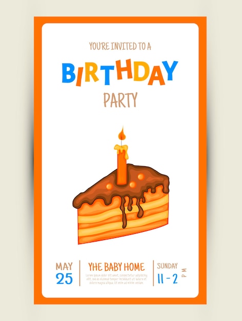 白い背景の上のケーキとカラフルなパーティの招待状。お祝いイベントお誕生日おめでとう。色とりどり。ベクター