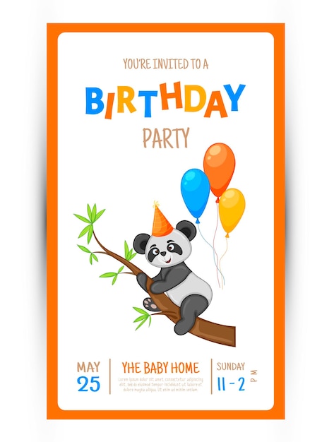 흰색 바탕에 귀여운 팬더와 함께 화려한 파티 초대 카드. 축하 이벤트 생일 축하합니다. 여러 가지 빛깔. 벡터.
