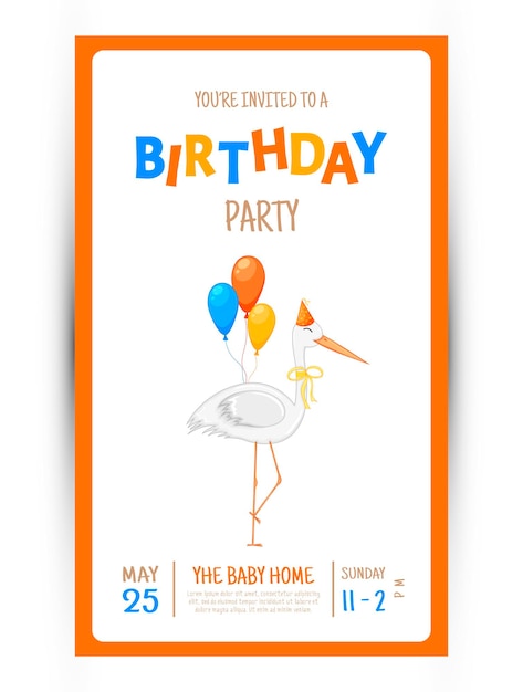 벡터 흰색 바탕에 귀여운 황새와 함께 화려한 파티 초대 카드. 축하 이벤트 생일 축하합니다. 여러 가지 빛깔. 벡터.