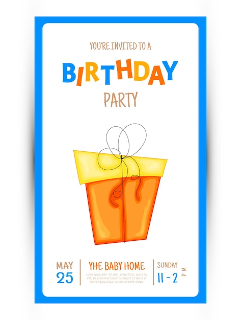 Vector colorful party invitation card with a box gift on a white background. celebration event happy birthday. multicolored. vector.