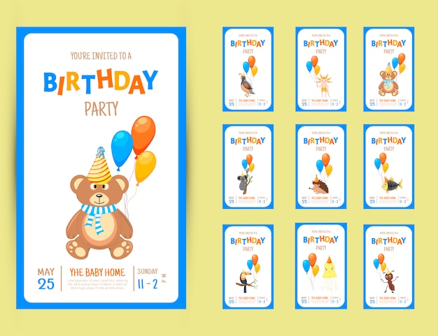 Colorful party invitation card with a cute animals