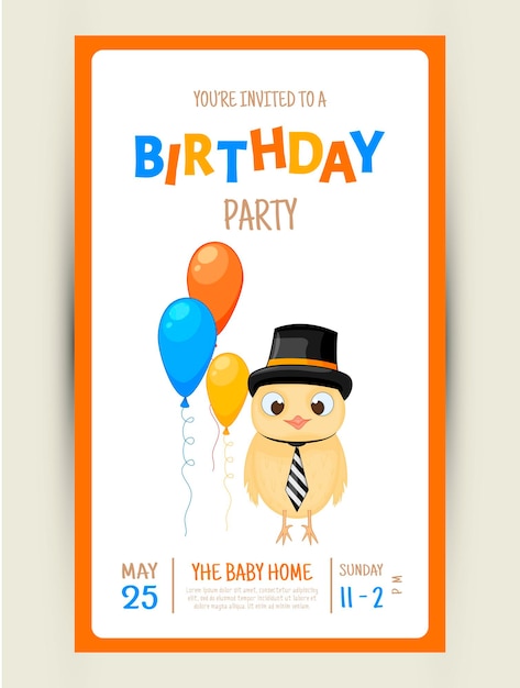 Colorful party invitation card with a cute chick on a white background. celebration event happy birthday. multicolored. vector.