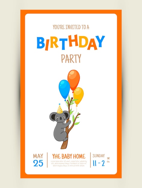 Vector colorful party invitation card with a cute koala on a white background. celebration event happy birthday. multicolored. vector.