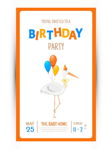 Vector colorful party invitation card with a cute stork on a white background. celebration event happy birthday. multicolored. vector.