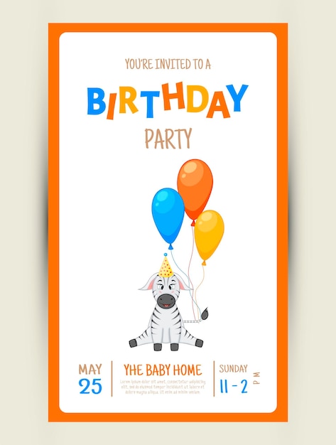 Vector colorful party invitation card with a cute zebra on a white background. celebration event happy birthday. multicolored. vector.