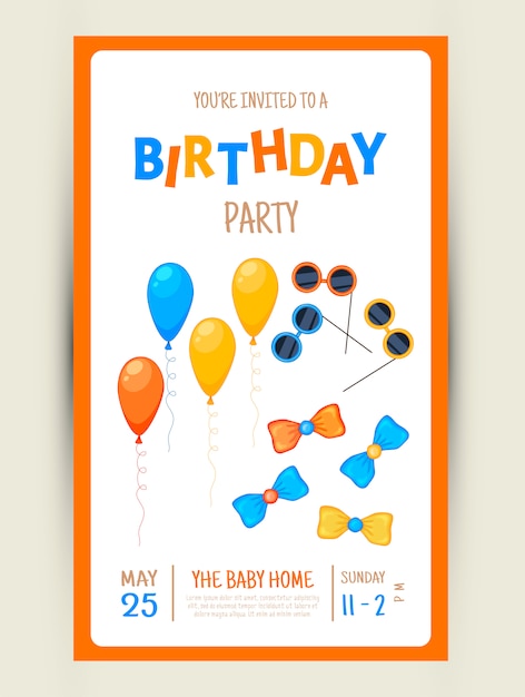 Colorful party invitation card with a festive items on a white background.