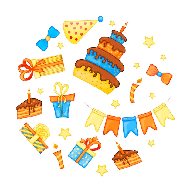 Вектор Красочный набор предметов для вечеринки на белом фоне праздничное событие с днем рождения разноцветный вектор