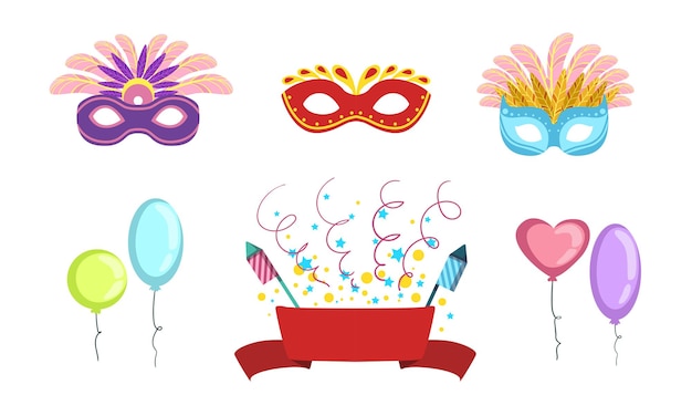 Colorful Party Symbols Set Celebration Birthday Carnival Masquerade Holiday Objects Vector Illustration