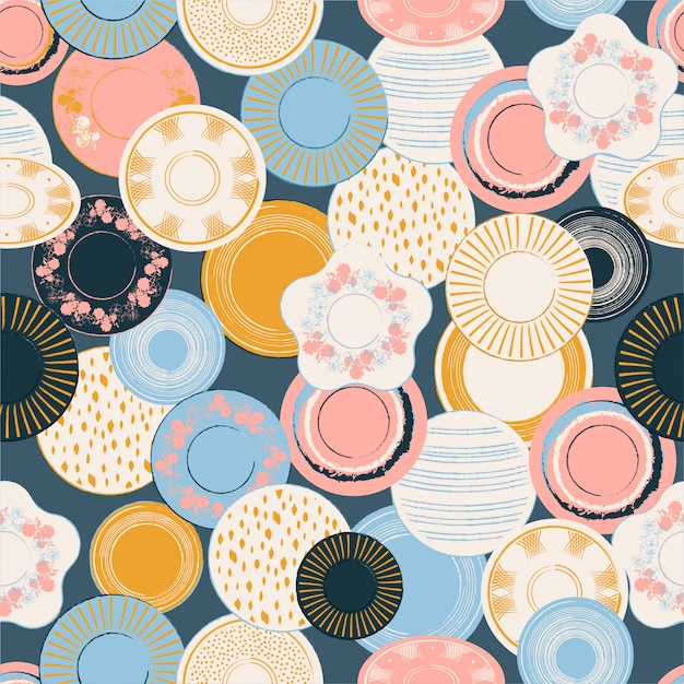 다채로운 Patel 그래픽 손으로 그린 브러쉬 도자기 접시 완벽 한 패턴 일러스트.