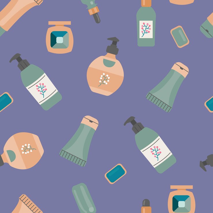 Vector colorful pattern of cosmetic bottles and beauty products