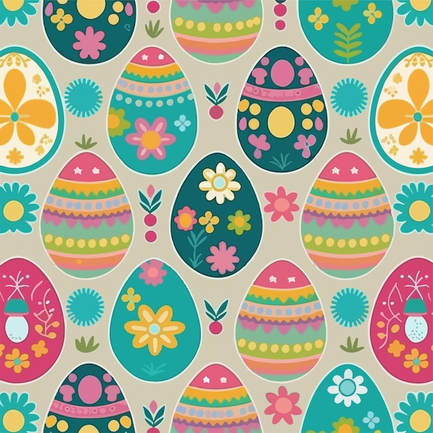 꽃과 아기가 있는 부활절 달걀의 다채로운 패턴