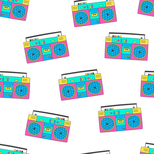 Vector colorful pattern in the style of the 90s with an audio recorder seamless background