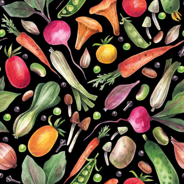 A colorful pattern of vegetables and mushrooms on a black background
