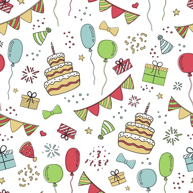 A colorful pattern with balloons and presents on a white background.