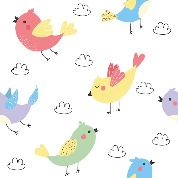 A colorful pattern with birds and clouds.