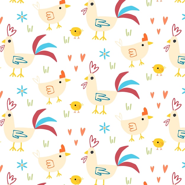 A colorful pattern with chickens and hearts.