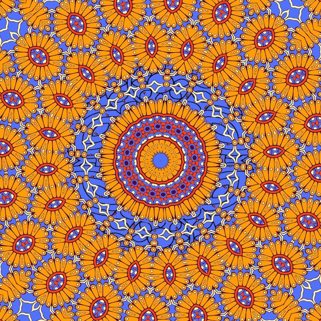 A colorful pattern with a flower pattern in blue and orange