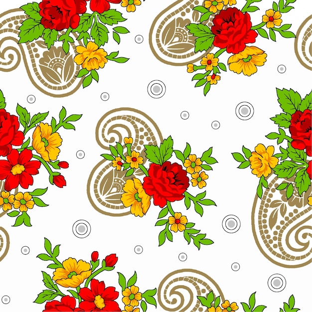 A colorful pattern with flowers and leaves.