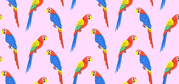 Colorful pattern with parrots in flat style Vector seamless background with cute parrot characters