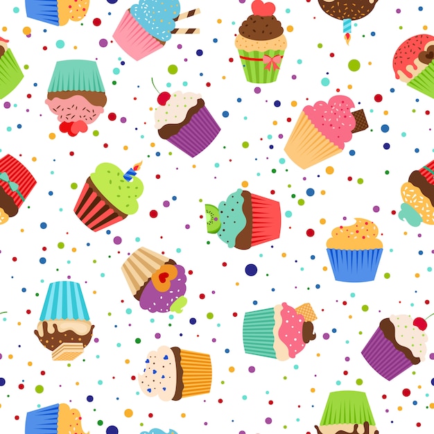 Colorful pattern with sweet cupcakes on dotted white background. 