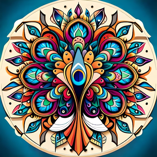 A colorful peacock with a circle in the middle of it