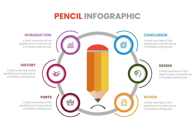 Vector colorful pencil diagram infographic element template vertical row layout diagram with 6 list of ste