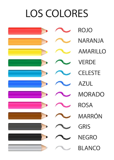 Vector colorful pencils with names of colors in spanish