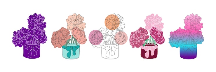 Vector colorful peony arrangements in jars