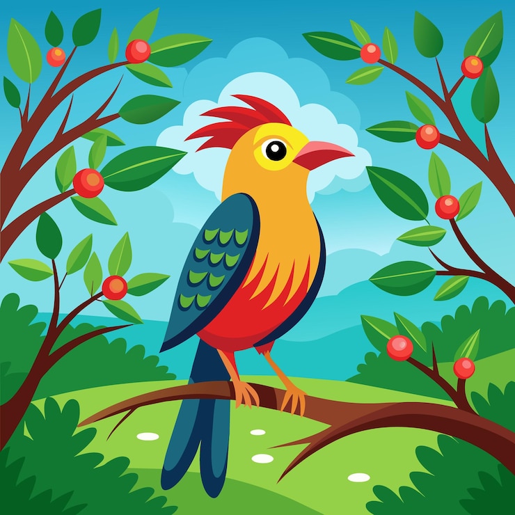 Vector a colorful picture of a blue bird in a forest