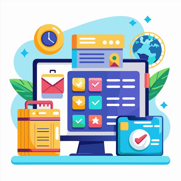 a colorful picture of a computer with a blue background with a blue and green world on it