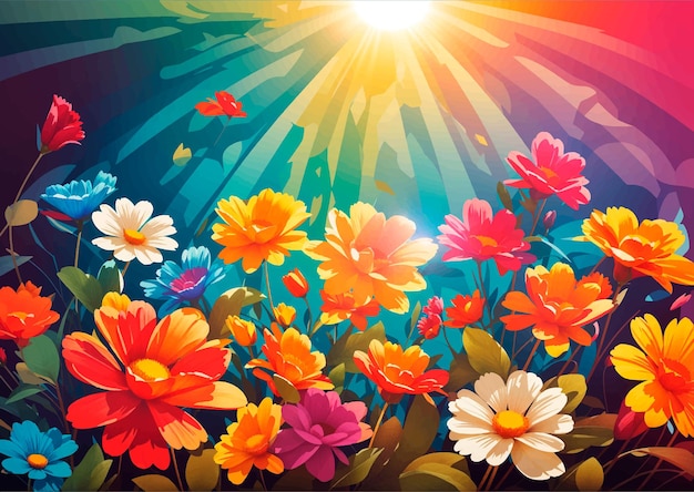 Un'immagine colorata di fiori con il sole che splende su di essa illustrazione vettoriale