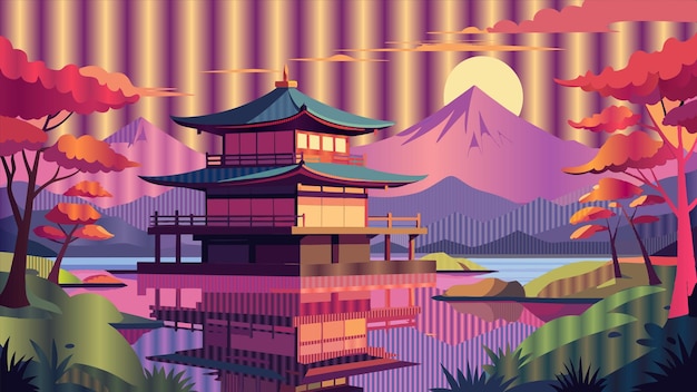 a colorful picture of a pagoda with a mountain in the background