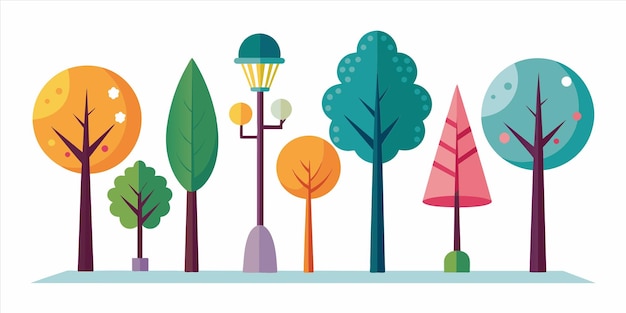 Vector a colorful picture of a park with trees and lampposts