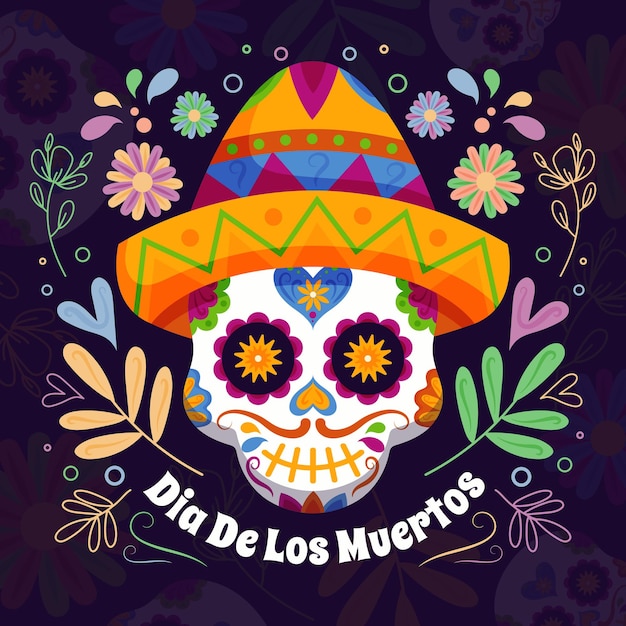 a colorful picture of a skull and flowers and a mexican hat
