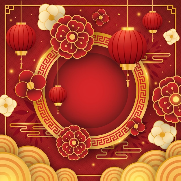 中国のランタンと赤い背景のカラフルな絵