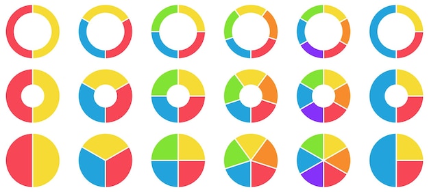 Grafici colorati a torta e ciambella. grafico a cerchio, sezioni a cerchio e pezzi di grafico a ciambelle rotonde.