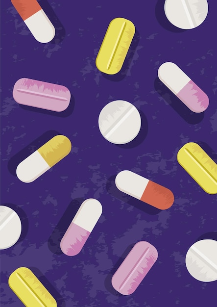 Colorful pills and capsules on a purple background
