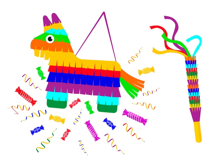 Vector colorful pinata with sweets and a whipping stick. mexican birthday celebration tradition.