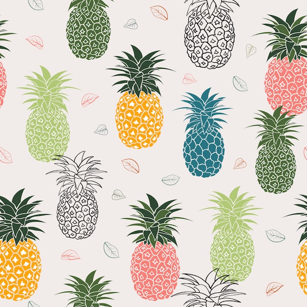 Vector colorful pineapple with leaves seamless pattern