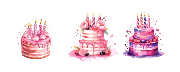 Colorful pink birthday cake watercolor in vintage style on white background hand drawn vector