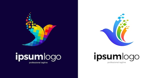 Colorful pixel bird logo design in two variants