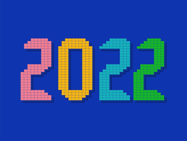 Colorful Pixel Number Of 2022 On Blue Background For Happy New Year Concept.